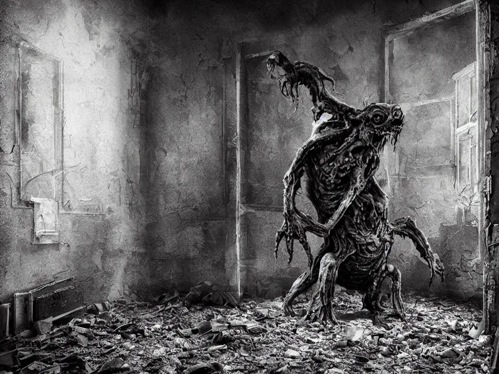 Image similar to mutant hunchback creature lurking in the corner of a room in an abandoned building, dirty windows, debris, tentacle beast, dust, bleak apocalyptic style, creepypasta, ominous vibe, sharp fangs