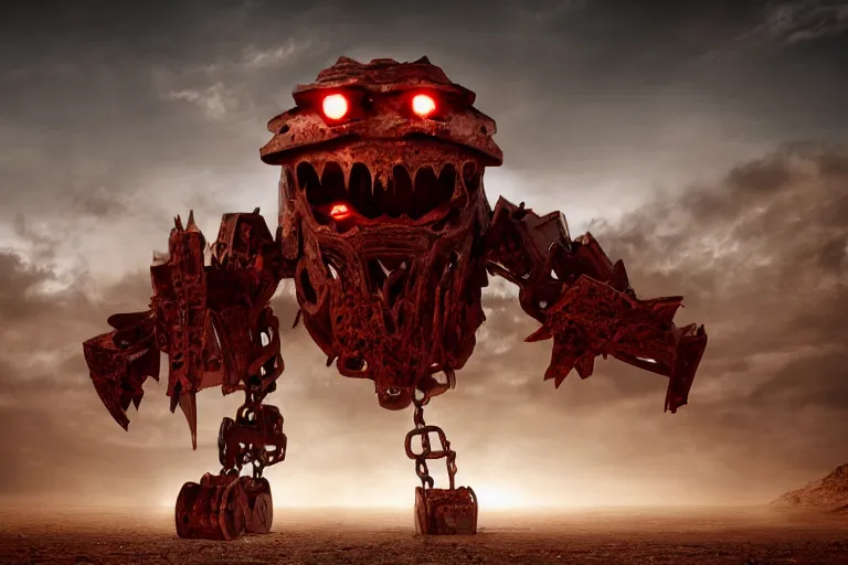 Image similar to a gigantic angry monster made of scrap metal with red eyes, standing in the desert, looking at camera, realism, photo realistic, high quality, misty, hazy, ambient lighting, cinematic lighting, studio quality,