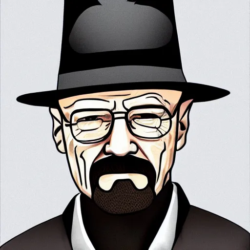 Prompt: Walter White with pork pie black hat, accurate anatomy, highly detailed, digital art, centered, portrait