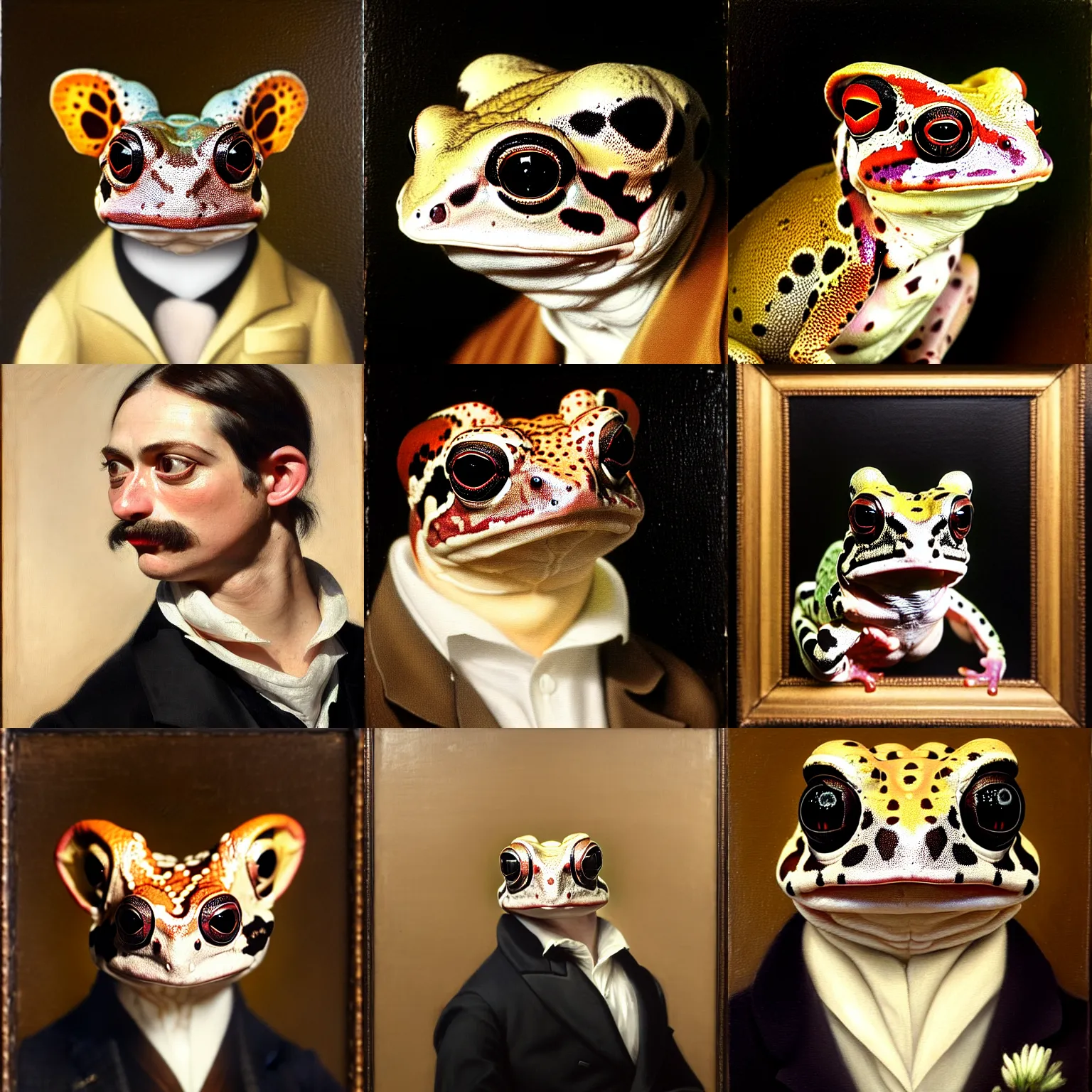 Prompt: a head - and - shoulders portrait of an amazon milk frog looking off camera wearing a black buttoned jacket with a tan vest and white ascot, an american romanticism painting, a portrait painting, cgsociety, soft focus, oil on canvas