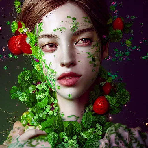 Prompt: the portrait of an absurdly beautiful, graceful, elegant, young woman made of strawberries and green petals looking up, an ultrafine hyperdetailed illustration by kim jung gi, irakli nadar, intricate linework, bright colors, octopath traveler, final fantasy, angular, unreal engine 5 highly rendered, global illumination, radiant light, detailed and intricate environment