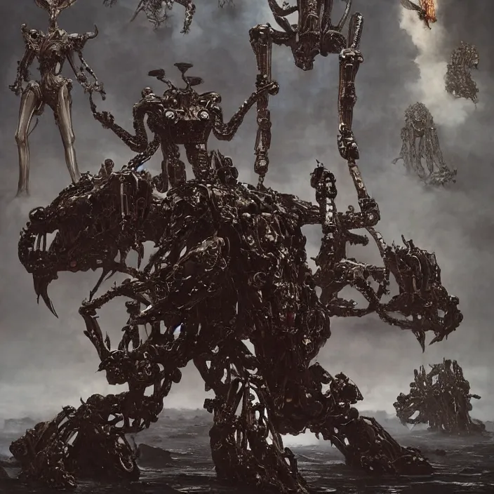 Image similar to still frame from Prometheus by Jakub Rozalski and utagawa kuniyoshi, infinite Hell Scape with gigantic mecha demon and ornate bone cyborgs by Wayne Barlowe by peter Mohrbacher by Giger, dressed by Alexander McQueen and by Neri Oxman, metal couture hate couture editorial