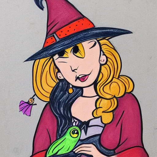 Prompt: disney style drawing of a witch with an owl on her shoulder, muted colors, acrylics on wood