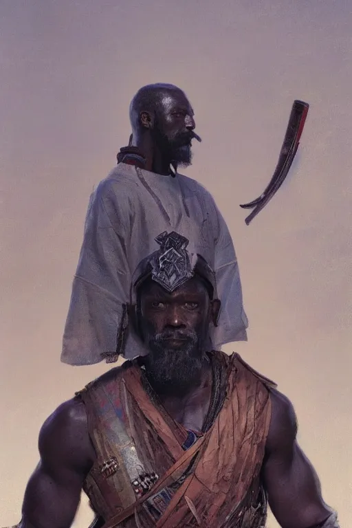 Image similar to a full body fantasty portrat, oil painting, illustration of an old African samurai, by Justin Sweet and Greg Rutkowski and Alphones Much