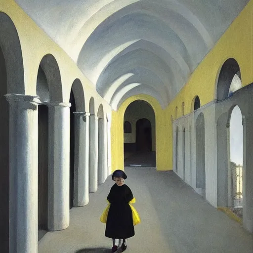 Image similar to in the distance, a little girl with short black hair and wearing a yellow coat alone in the inner courtyard of a cloister in an abbey, the light is bright and wintry, painting by hopper and de chirico