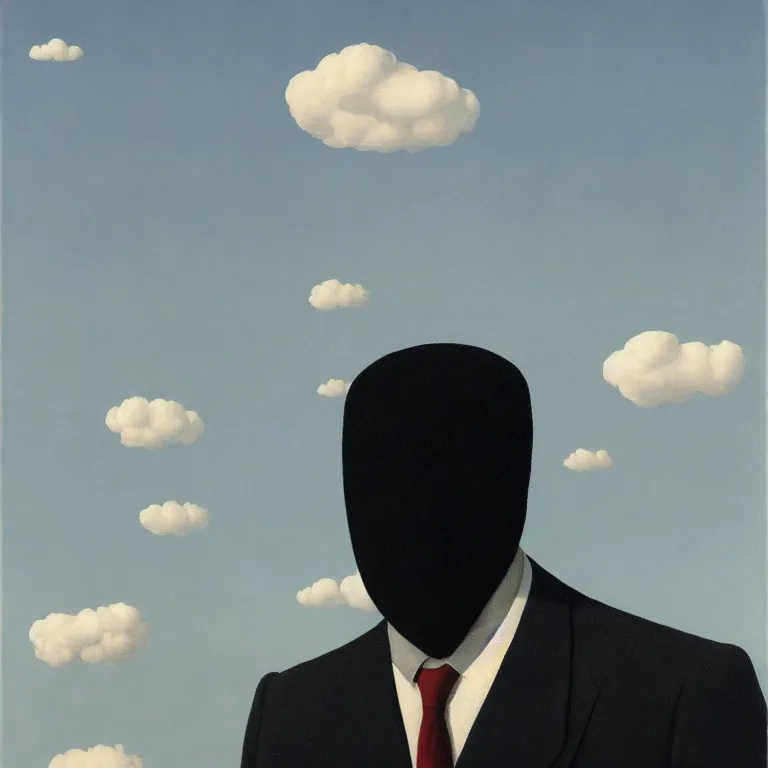 Image similar to portrait of a faceless shadow - head man in a suit, clouds in the background, by rene magritte, detailed painting, distance, middle centered, hd, hq, high resolution, high detail, 4 k, 8 k