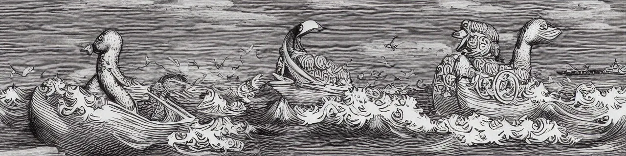 Prompt: Elaborate wallpaper print of Giant Rubber Duck attacking a boat in the Waves in the style of Albrecht Durer and Martin Schongauer, high contrast finely carved woodcut black and white crisp edges