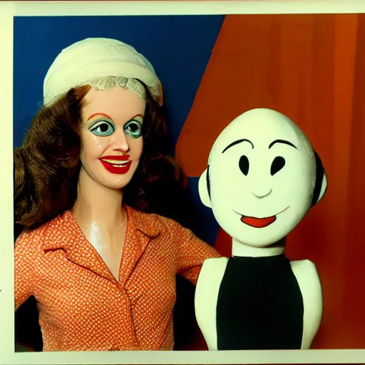 Image similar to 1976 color archival photo of a woman and a puppet that looks like Caspar the Friendly Ghost, in a sidewalk cafe, 16mm film soft color, earth tones and some primary colors 1976, archival footage, in style of doris wishman russ meyer, woman looks like gilda radner