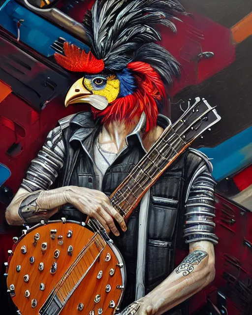 Image similar to a portrait of an anthropomorphic cyberpunk rooster shredding a banjo by sandra chevrier, by jon foster, detailed render, tape deck, epic composition, cybernetics, 4 k realistic, cryengine, realistic shaded lighting, sharp focus, masterpiece, by enki bilal