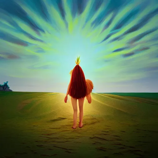 Image similar to closeup huge dahlia flower under head, a girl walking between dunes, surreal photography, sunrise, blue sky, dramatic light, impressionist painting, digital painting, artstation, simon stalenhag