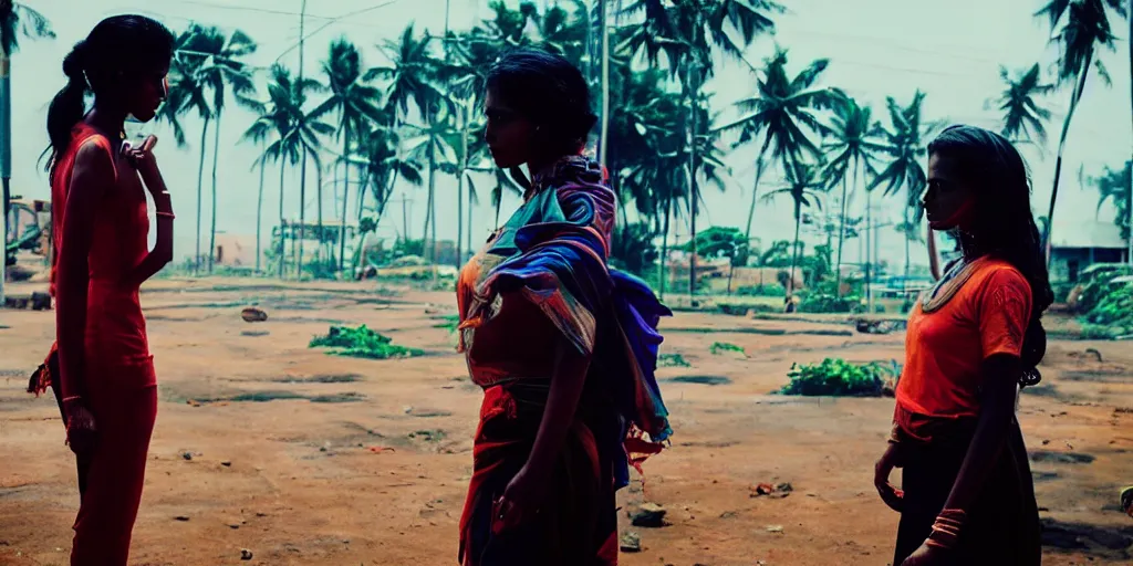 Prompt: sri lankan cyberpunk girl, film still, epic shot cinematography, rule of thirds, colorful, sci - fi tech style