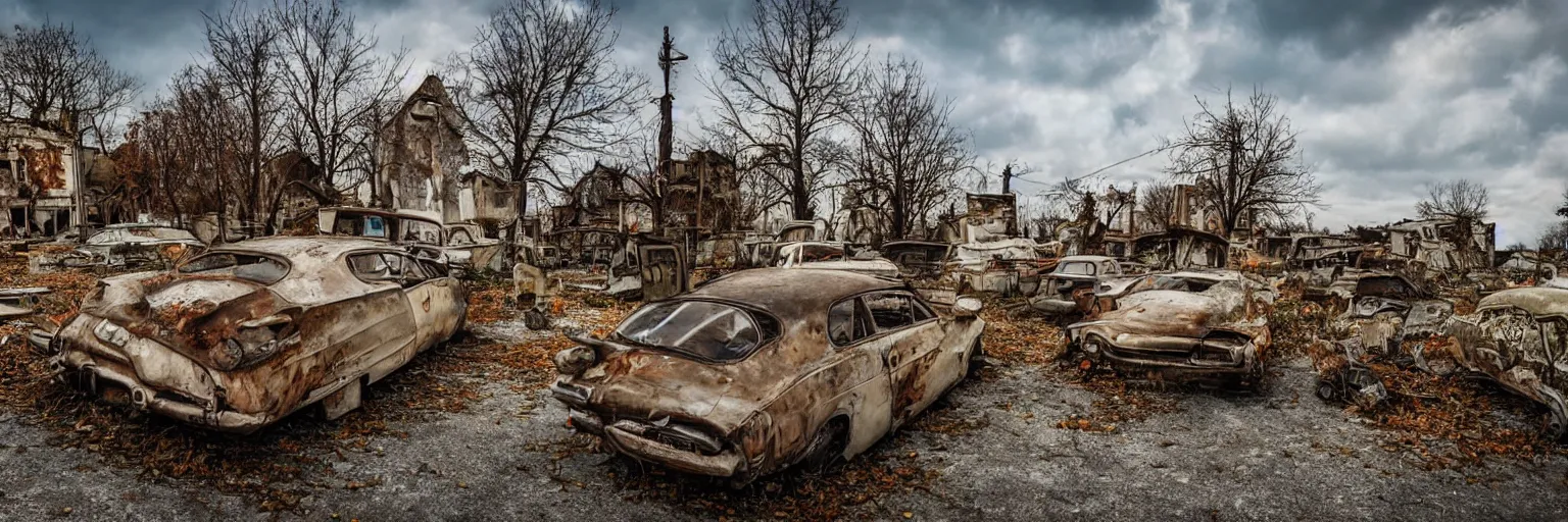 Image similar to low wide angle shot of dilapidated fallout 5 europa, retro futuristic overgrown euro rural town, decrepit shopping street, dilapidated european houses, few rusted retro futuristic vintage parked vehicles like cars, volumetric lighting, photorealistic, daytime, autumn, cold sunny weather, sharp focus, ultra detailed, 4 2 0 0 k