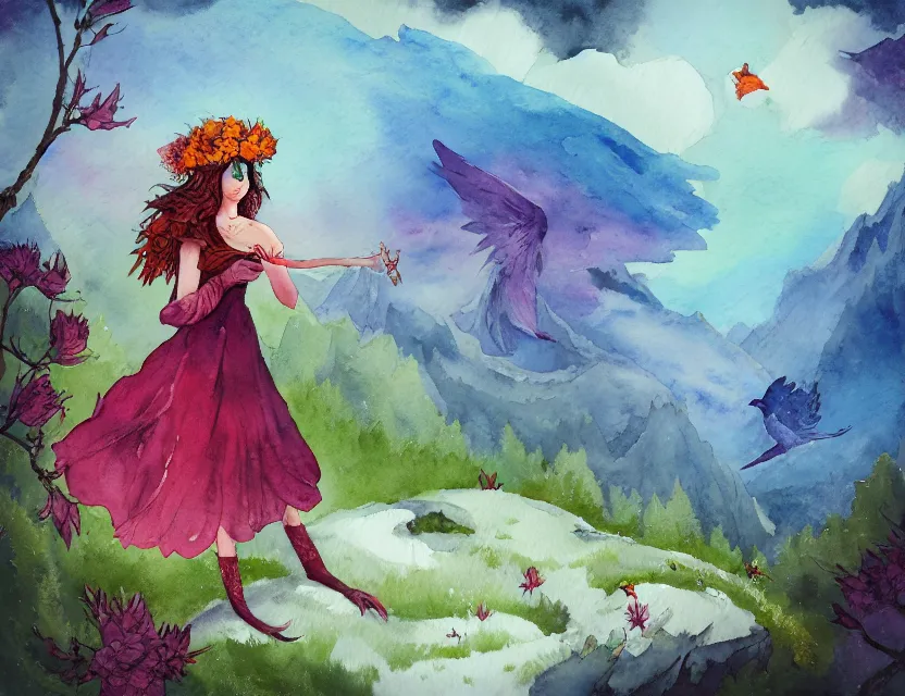 Prompt: bird witch girl in the flowering snowy mountains. complementary colors, watercolor, indie concept art, bloom, intricate details, chiaroscuro, backlighting.