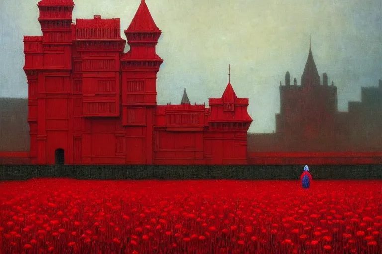 Image similar to only with red, red flowers of different types, red castle in background, red medieval big goblins, in the style of beksinski, parts by edward hopper, parts by rodcenko, parts by yue minjun, intricate and epic composition, red by caravaggio, insanely quality, highly detailed, masterpiece, red light, artstation, 4 k