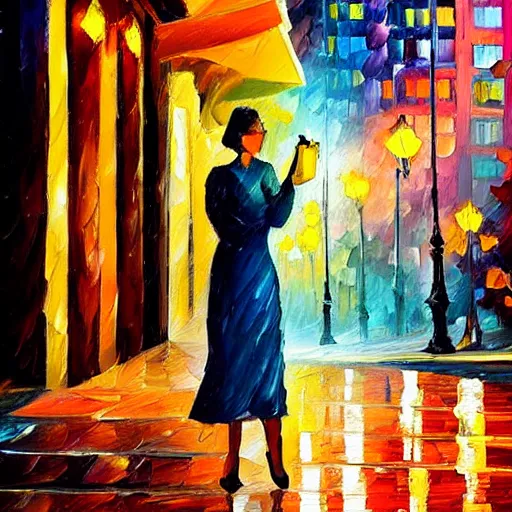 Prompt: impasto acrylic painting of a woman in a serene san francisco streetscape at night. inspired by leonid afremov, artstation, art - deco, cinematic lighting