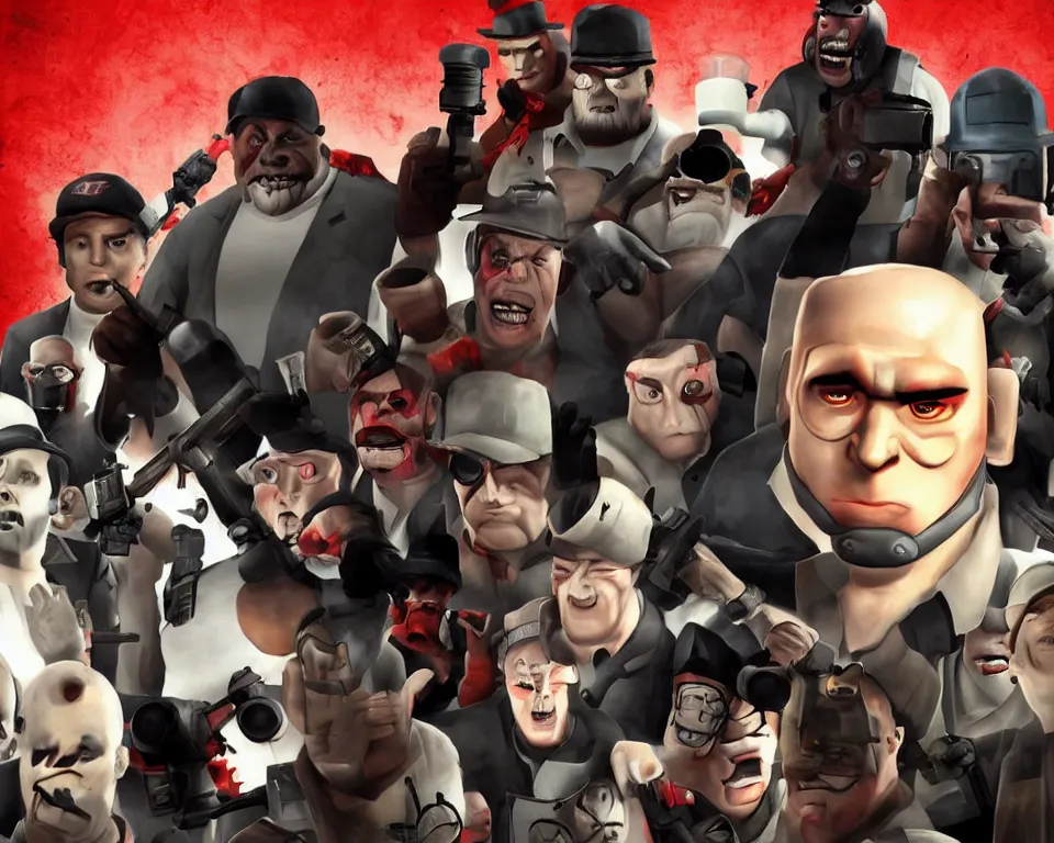 Image similar to a horror movie poster featuring Team Fortress 2 characters