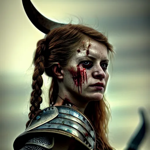 Prompt: Ultrawide realistic photo of a bloody fierce viking woman, leading a battle, battle-scarred mind-blowing details, ethereal, ominous, scarred, highly detailed, viking attire, cinematic, 16k, 1080s, smooth, sharp focus, by Stanley Artgermm, Tom Bagshaw, Greg Rutkowski, Vincent di Fate, Carne Griffiths, Ayami Kojima, trending on DeviantArt, hyper detailed, full of color, digital art, Vibrant colors, Smooth gradients, High contrast, depth of field, shot on Canon Camera