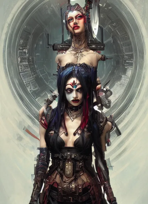 Image similar to a beautiful illustration of cyberpunk elven harley quinn, black hair, intricate, sharp focus, illustration, highly detailed, digital painting, concept art, matte, art by wlop and artgerm and greg rutkowski and alphonse mucha, masterpiece