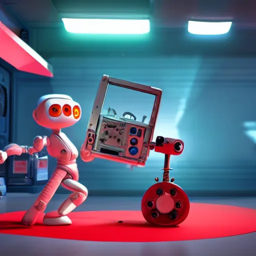 Image similar to a cool mechanic robot chick, with a tv head and gears and bolts everywhere on its body, doing karate moves in the air and swinging an electric guitar, 3 d render by pixar and disney