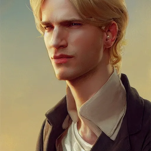 Prompt: Blond Lucius with closed eyes smiling, very detailed sharp angular masculine face, hooked nose and square jaw, long fluffy curly blond hair, light blond hair, NO BEARD, gorgeous, beautiful, intricate, highly detailed, digital painting, artstation, concept art, sharp focus, illustration, art by greg rutkowski and alphonse mucha