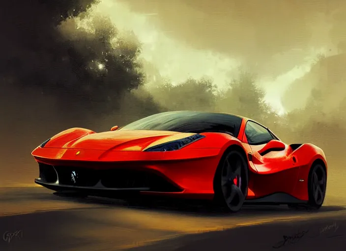 Prompt: A grown man driving a Ferrari in 1800. Digital painting. Greg Rutkowski. Fantasy artwork.