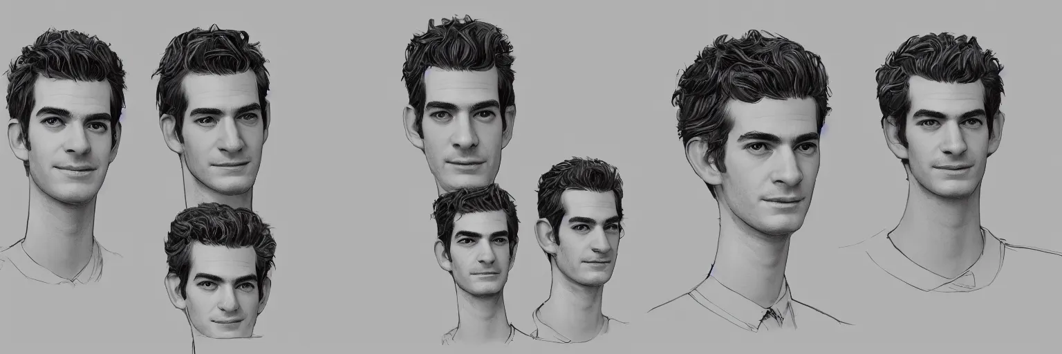 Prompt: character study of julian lage and andrew garfield, clear faces, innocent, naive, character sheet, fine details, concept design, contrast, kim jung gi, pixar and da vinci, trending on artstation, 8 k, full body and head, turnaround, front view, back view, ultra wide angle