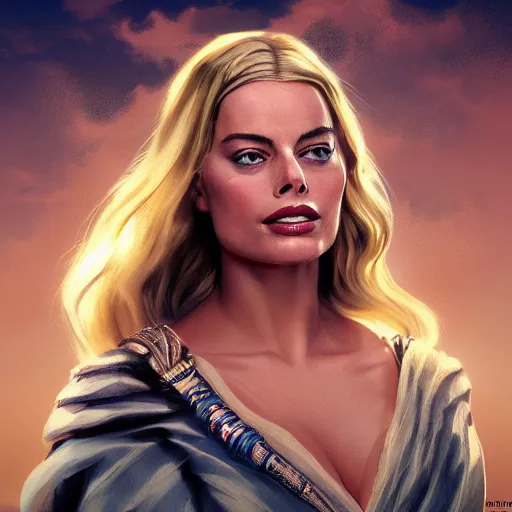 Prompt: margot robbie as a beautiful Greek goddess in the sky, highly detailed, sexy look, detailed face, digital art, trending on artstation