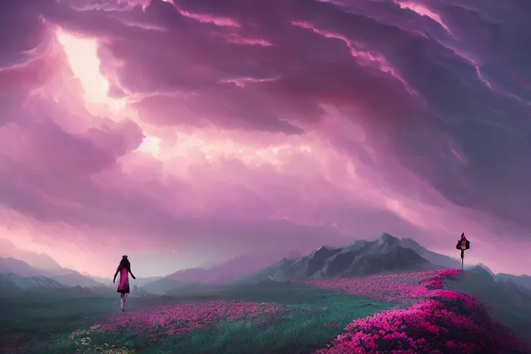 Image similar to giant dahlia flower crown under head, girl walking on mountain, surreal photography, pink storm clouds, dramatic light, impressionist painting, digital painting, artstation, simon stalenhag