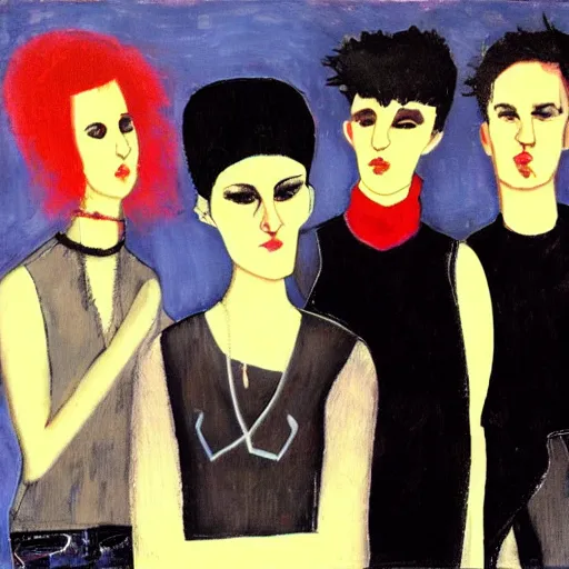 Image similar to a punk rock band in the style of modigliani