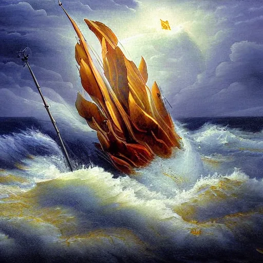 Image similar to sea storm, vortex, epic painting, wooden ship, highly detailed, hd, deep colors