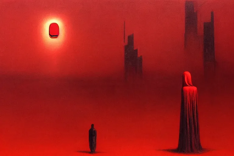 Image similar to only with red, red god of death eat apple, a futuristic city on mars in the background, an ancient path, in the style of beksinski, part by hopper, part by rodcenko, part by hofbauer, intricate composition, red by caravaggio, insanely quality, highly detailed, masterpiece, red light, artstation, 8 k