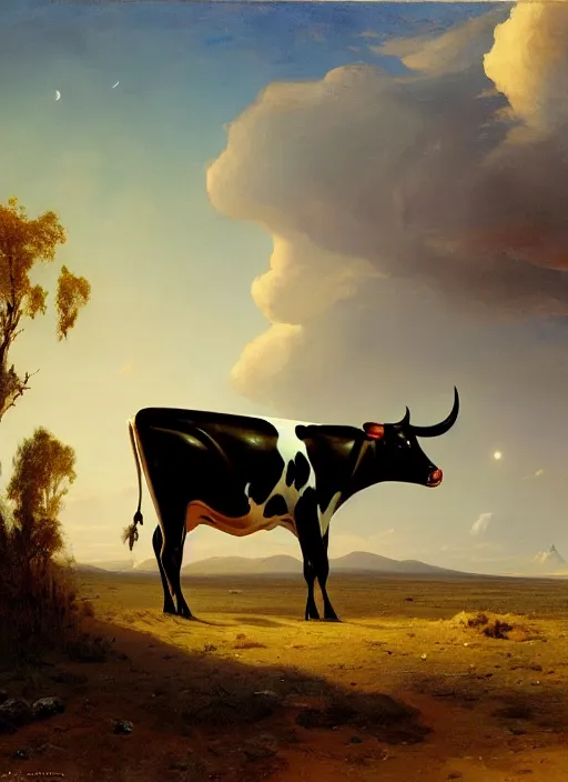 Prompt: an alien that looks like a cow, seated in spaceship, matte painting, by isaac levitan and asher brown durand,
