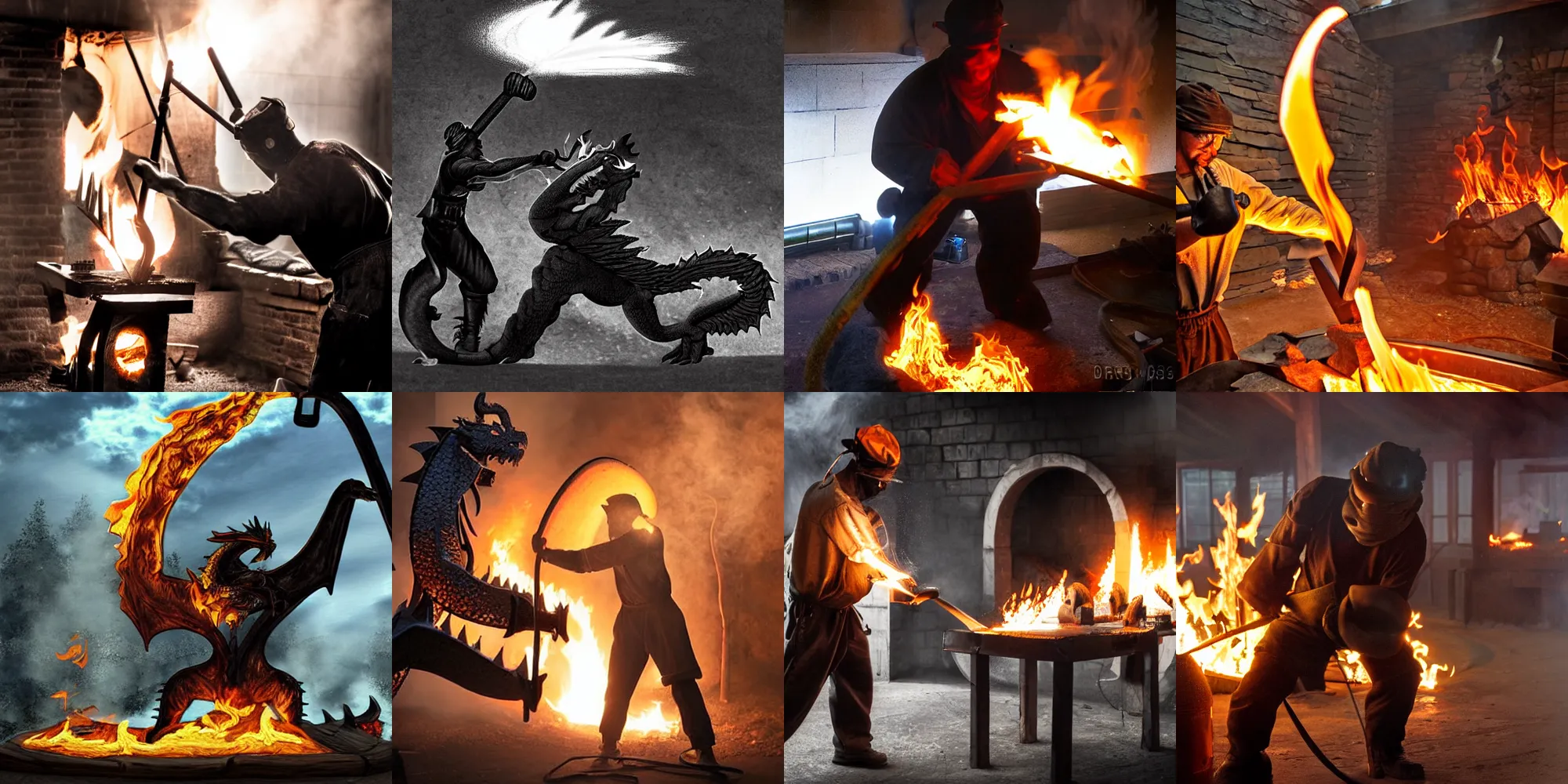 Prompt: a blacksmith fighting his forge the forge flames are shaped like a dragon, high particle count, highly reflective, fire, smoke, misty