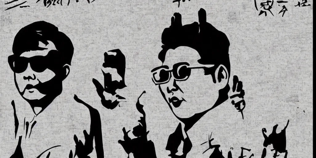 Prompt: kim jong - il silhouette, 1 9 6 0 s pyongyang, film noir in the style of ghost in the shell by mamoru oshii