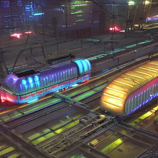 Image similar to Immense industrial futuristic cargo train arrives at cyber punk city station, cinematic lighting,