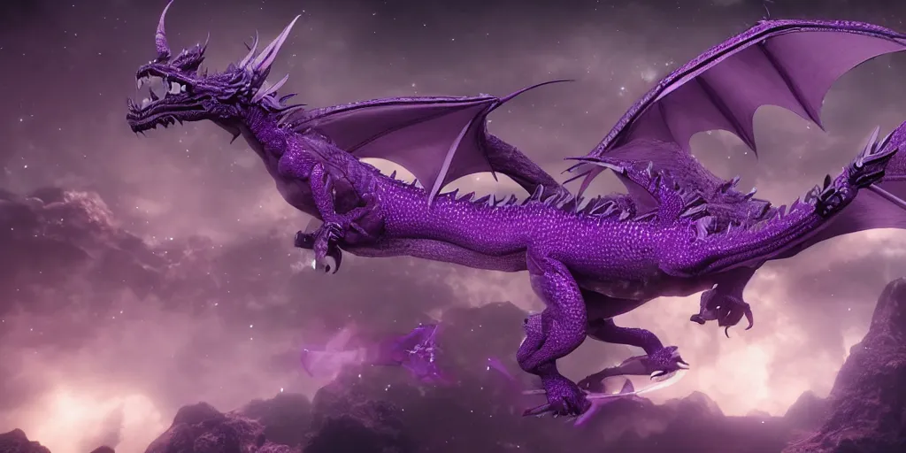 Image similar to highly detailed a purple dragon wearing a crown flies through space, 4 k, photorealistic, unreal 5