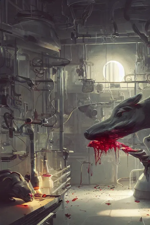 Image similar to many mechanics in lab facility looking at bloody disney mouse head lifted by claw, made by beeple, cgsociety, artgerm, greg rutkowski, highly detailed intricate 4 k art, low light cinematic, octane render, unreal engine, smooth concept art