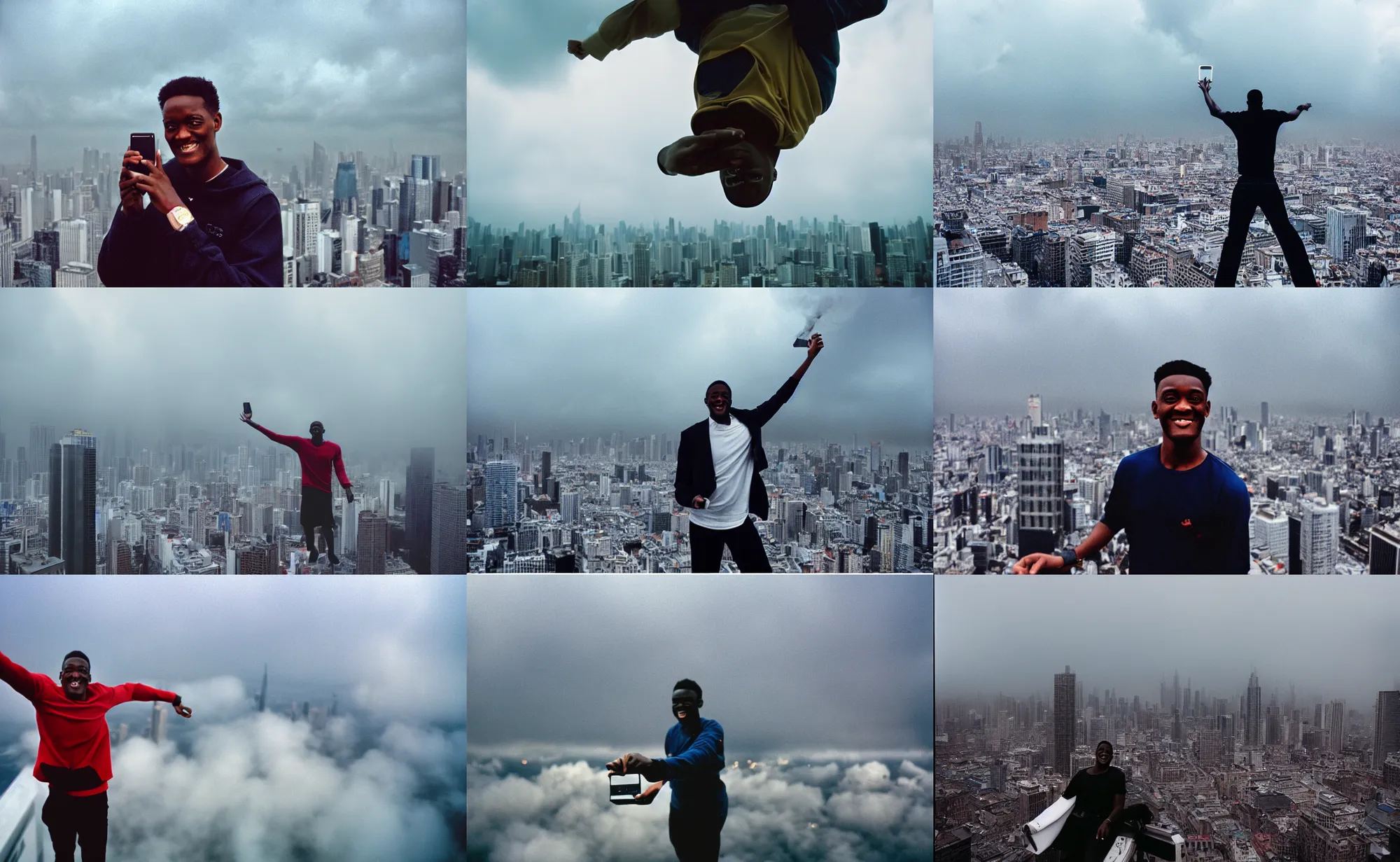 Prompt: marques brownlee throwing iphone off of skyscraper over cloudy moody distopian city with an evil smile cinestill 5 0 d, f 3 / 2,