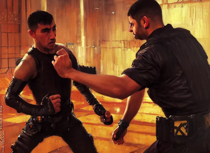 Image similar to Javier fights sgt Nash. Cyberpunk kickboxer in orange jumpsuit fighting menacing police troopers (blade runner 2049). attractive face. Orientalist portrait by john william waterhouse and James Gurney and Theodore Ralli and Nasreddine Dinet, oil on canvas. Cinematic, hyper realism, realistic proportions, dramatic lighting, high detail 4k