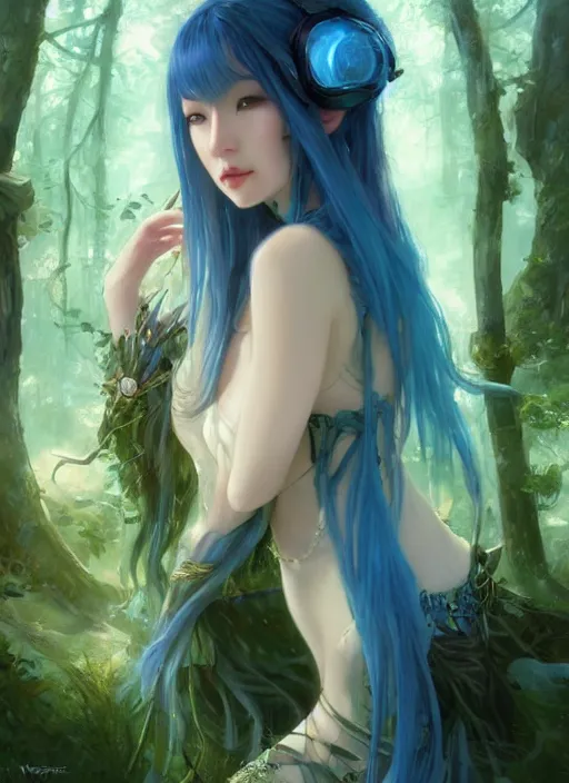 Prompt: stunningly beautiful female blue hair, dj sura face, fantasy art, fae priestess, lush forest landscape, dark light night, sharp focus, digital painting, 8 k, concept art, art by wlop, artgerm, greg rutkowski and alphonse mucha