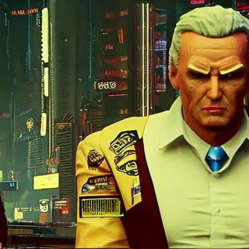 Image similar to donald trump in cyberpunk 2 0 7 7 as an evil corporation leader, technological, movie footage, high - tech, still frame