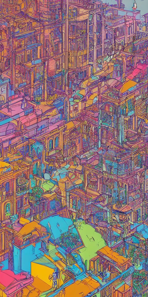 Image similar to the mission in san francisco an ultrafine detailed illustration by james jean, intricate linework, bright colorful colors, behance contest winner, vanitas, angular, altermodern, unreal engine 5 highly rendered, global illumination, radiant light, detailed and intricate environment