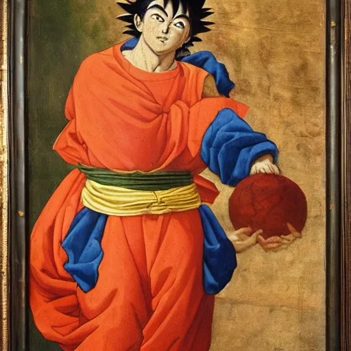 Image similar to renaissance oil painting of Goku wearing a robe, posing as king