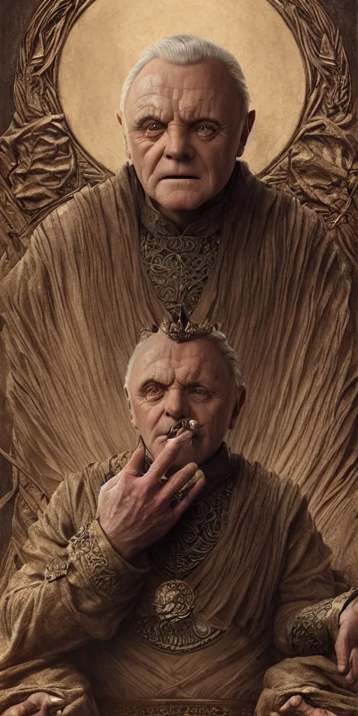 Image similar to anthony hopkins, majestic king on a throne, dungeons and dragons, fame of thrones masterpiece by edgar maxence and ross tran and michael whelan, gustav dore, 8 k, octane render