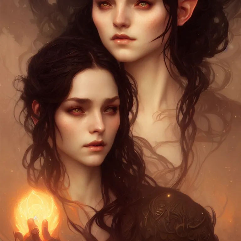 Image similar to Portrait of elvish girl, face, dark fantasy, intricate, elegant, highly detailed, digital painting, artstation, concept photoset, smooth, sharp focus, photo, art by artgerm and greg rutkowski and alphonse mucha