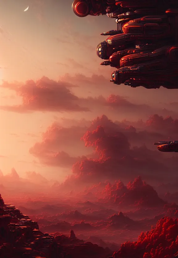 Prompt: ultra realist intricate detailed landscape painting of an alien world, red sky with mech buildings and cyborg tech, symmetry accurate features, very intricate details, bokeh focus, 8k render, artstyle Hiraku Tanaka and Tom Bagshaw, award winning