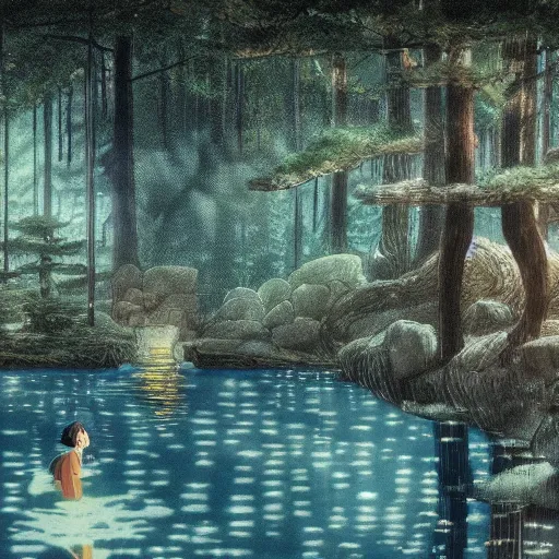 Image similar to wolf, forest, drinking water from an illuminated pool, hayao miyazaki, masashi ando, nizou yamamoto, kazuo oga, joe hisaishi, yoji takeshige, naoya tanaka