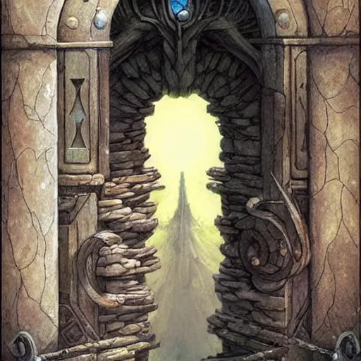 Prompt: gate portal with another world visible inside style studio ghibli and Gerald Brom, dreamy, mystical, dark