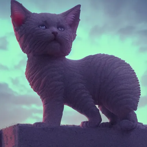 Image similar to a colossal statue of an adorable kitten, intricate artwork by beeple, third person, beautiful, full view, cinematic lighting, heavy mist, octane render, trending on artstation, greg rutkowski very coherent artwork. cinematic, hyper realism, high detail, octane render, 8k