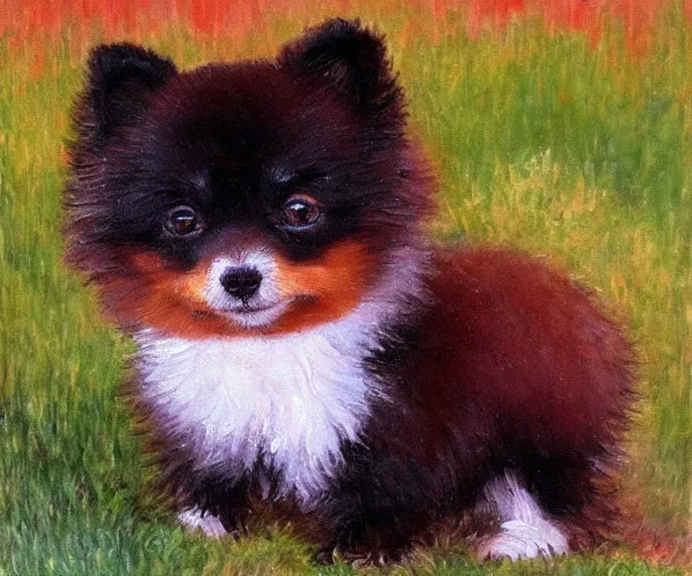 Image similar to black and brown pomeranian, cute, monet, oil painting